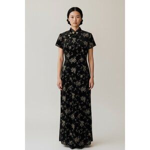 Vintage Y2K Glitter Burnout Velvet Long Dress Women 10 Black Japanese Whimsigoth